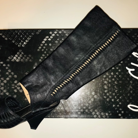 New Sam Edelman Kamie Black Vachetta Black Leather Open Toe Knee High Boots Y2K - Picture 3 of 16